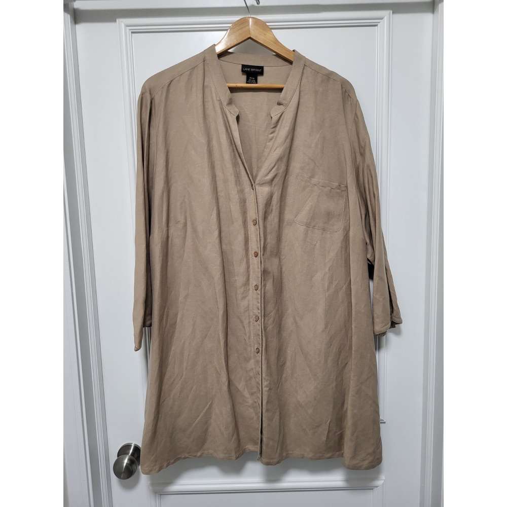 Tan Minimalist Linen Blend 3/4 Sleeve Button Up Tunic Top Lane Bryant 3X